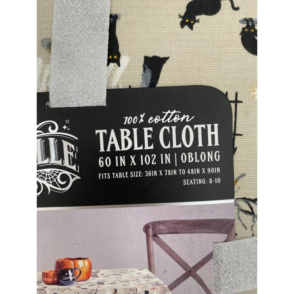 Lunaville Tablecloth Halloween 60x102 Tan Ghost Cat Pumpkin Oblong Fall Autumn